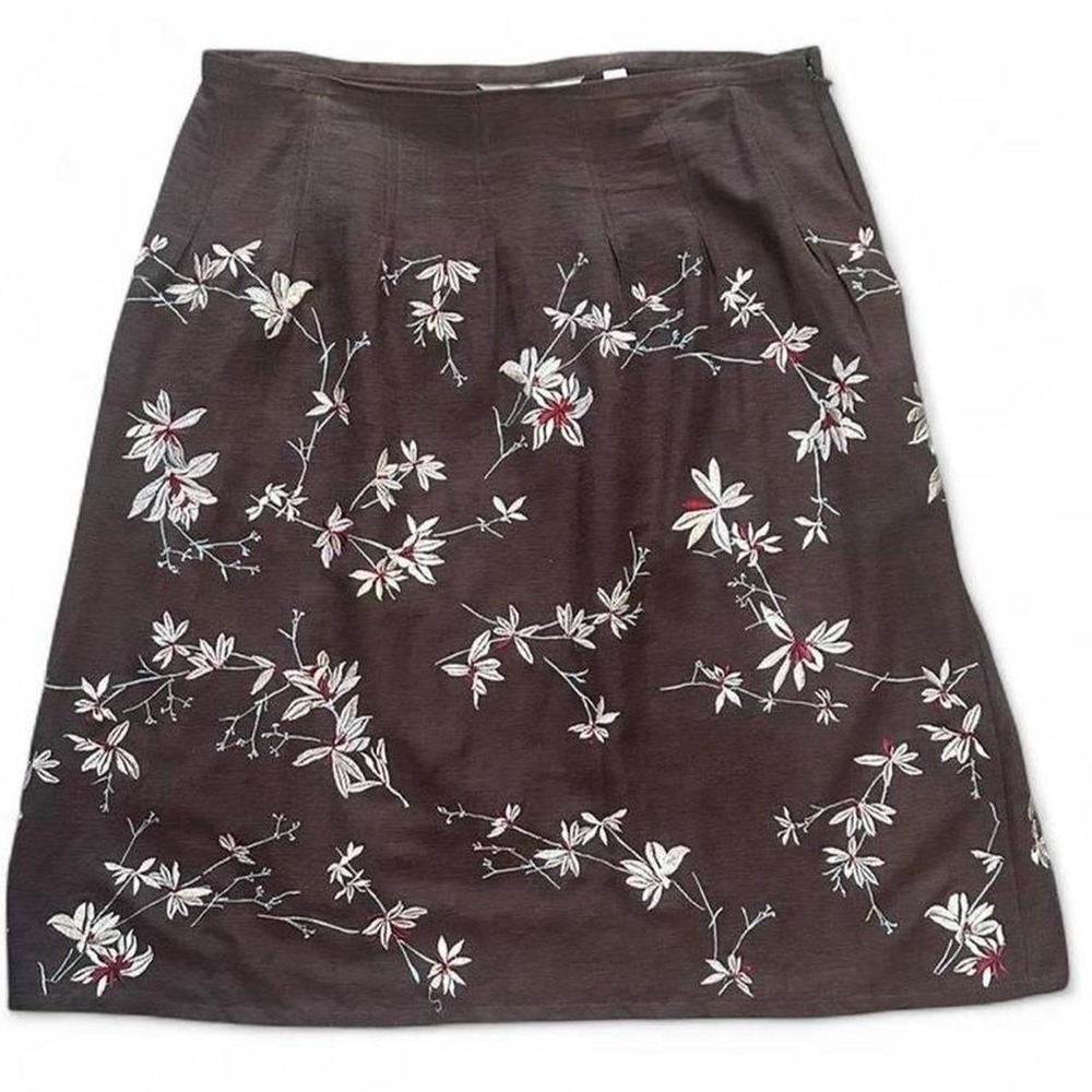 Avenue Floral Embroidered 100% Silk Brown A-Line Flowy Knee Length Skirt